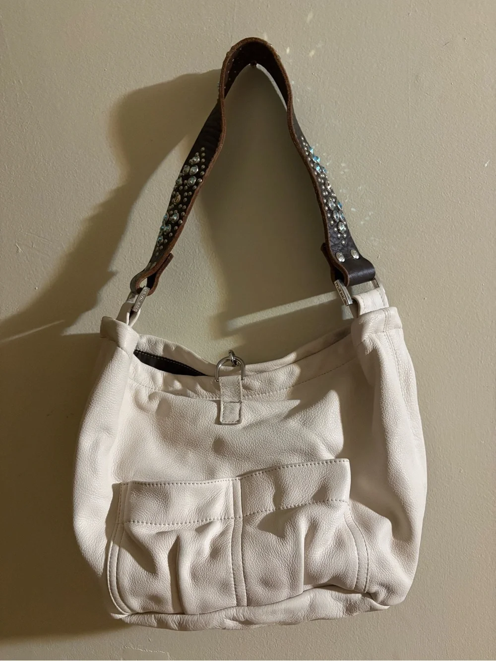 Tylie Malibu Women's Cream Leather Hobo Bag with Embellished Brown Strap